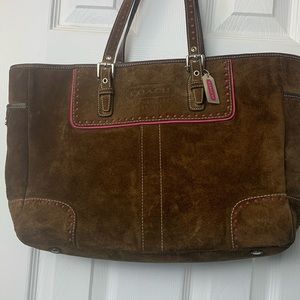 Chocolate brown and fuchsia suede bag